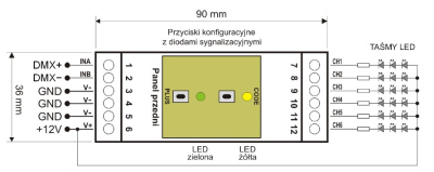 6-kanałowy sterownik diod i pasków LED SPL-6C w obudowie na szynę DIN. Sterowany za pomocą protokołu DMX.