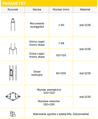 Słup stalowy KO 7-8m