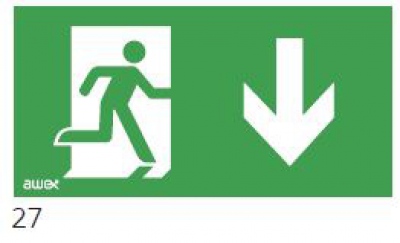 150x300 Piktogram 27 Chłopek W Drzwiach Strzałka Dół Logo Awex (iso7010)